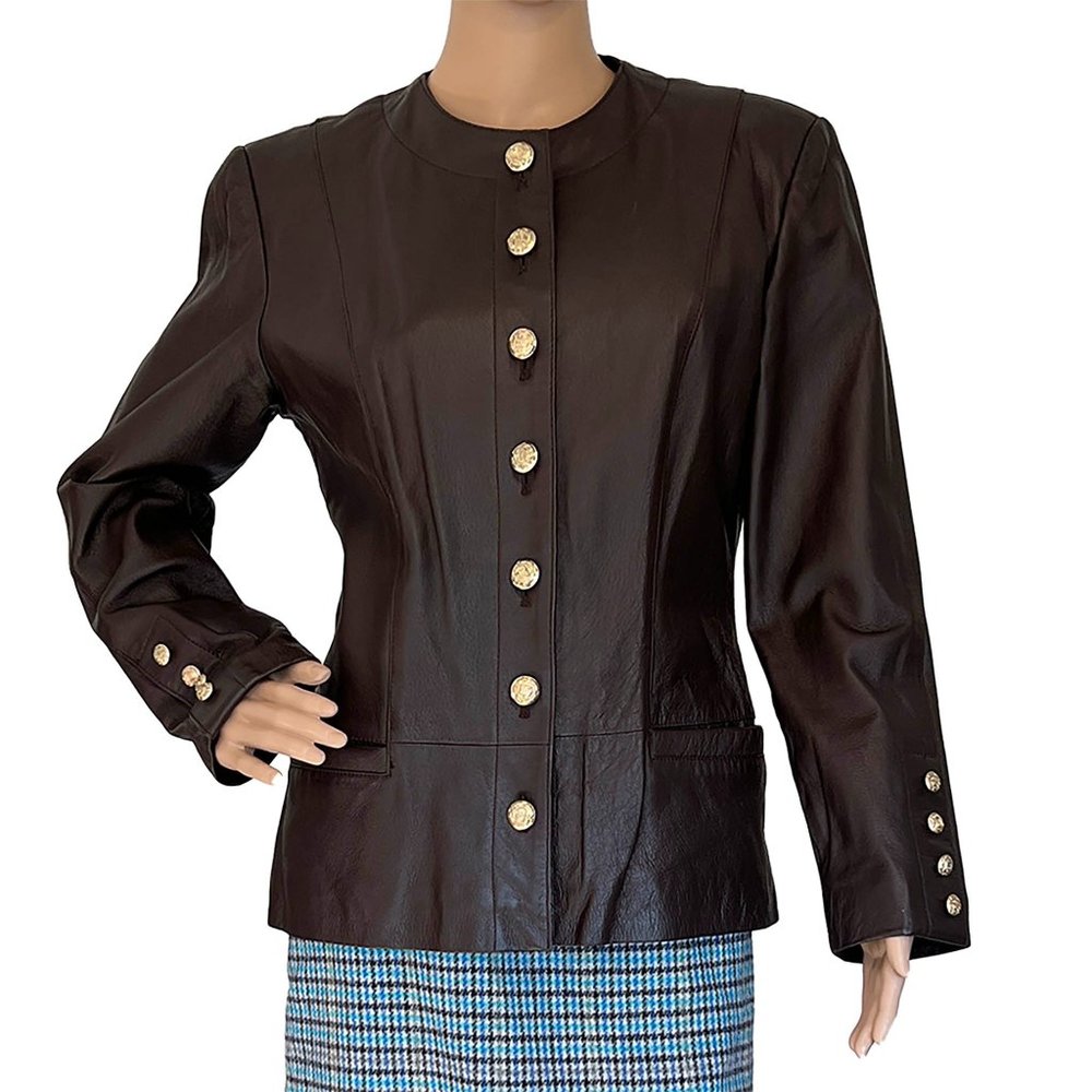 Vintage Brown Leather Blazer, Suit Jacket by Spiegel - 6 - Lined, Gold Buttons